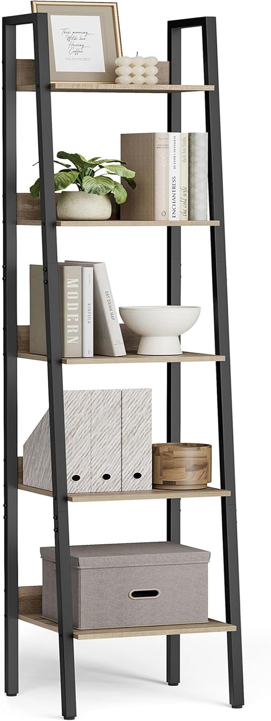 VASAGLE Bookshelf, 5-Tier Narrow Book Shelf, 11.8 x 13.3 x 66.9 Inches, Ladder Shelf for Home Office, Living Room, Bedroom, Kitchen, Camel Brown and Ink Black ULLS109B50V2