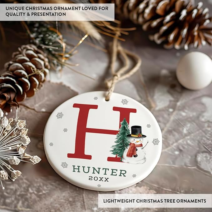 Andaz Press Personalized Ornament, Custom Name, Initial H Monogram Snowman 2.8" Ceramic Porcelain 2025 Christmas Ornament Keepsake for Kids, Boys, Girls, Initial Ornaments Monogram Ornaments 1-Pack
