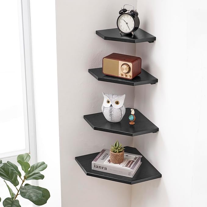 Corner Shelf Wall Mount, Set of 2 Solid Oak Wood Floating Corner Shelves with Wire Hole Display Shelf with Wire Hole Small Plant Display for Kitchen Living Room Bedroom Black