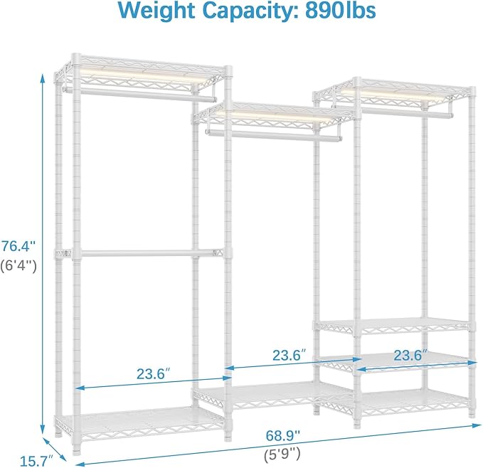 VIPEK V5 White Clothes Rack & Dimmable LED Lights Bundle, 3000K Warm White, Portable Closet Rack Freestanding Wardrobe Closet Heavy Duty Clothing Rack, 68.9" L x 15.7" W x 76.4" H