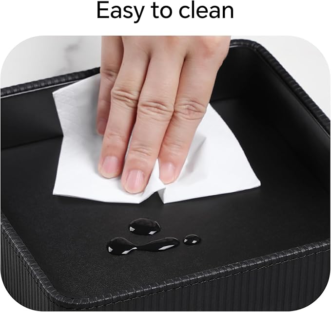 Small Valet Tray, 8"x8" Nightstand Organizer for Women Men| PU Leather Desk Organizer Trinket Dish| Decorative Vanity Tray Catch All Key Bowl for Dresser Bedside Coffee Table Entryway (Black)