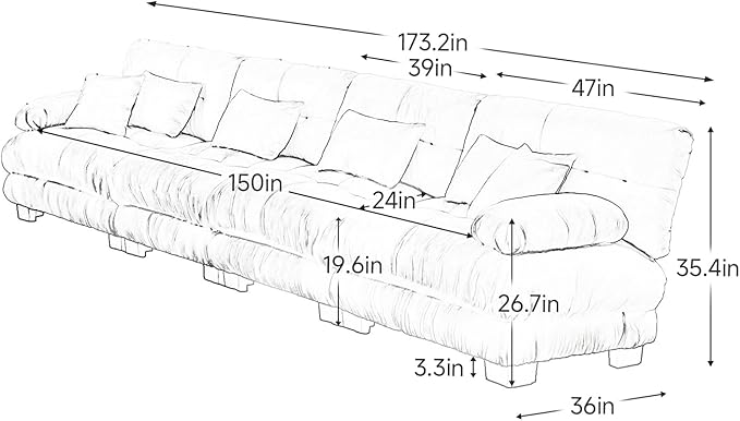 173.2" Oversized Couch, 4 Seater Modular Sectional Sofa, Grey Sectional Fluffy Couch Set, Chenille Cloud Couches with 6 Pillows, Deep Seat Sofas for Living Room