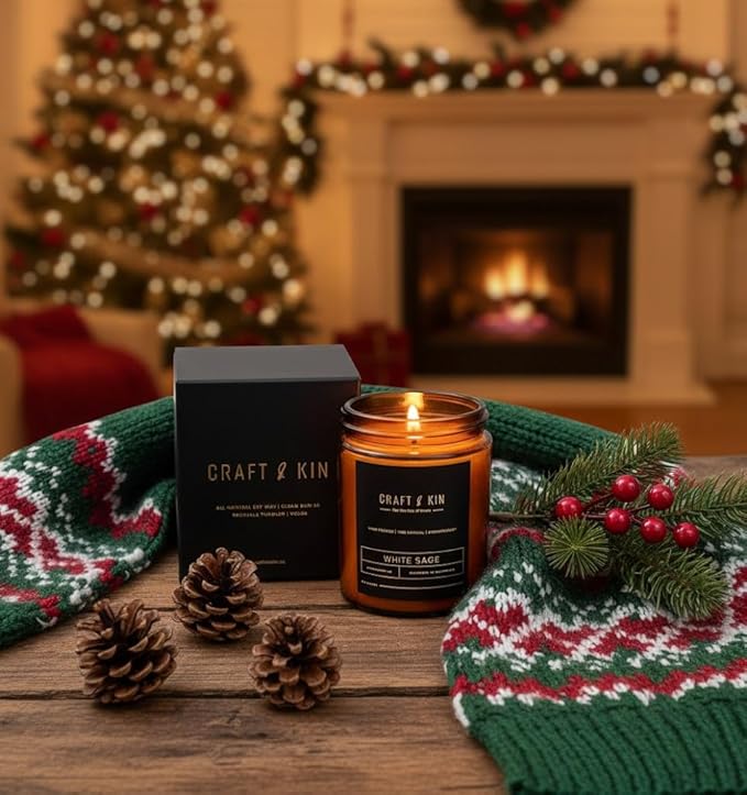 Craft & Kin Christmas Scented Candles for Men | Premium White Sage Winter Scented Candles | All-Natural Scent for Home | Long Lasting Holiday Candles with 45 Hour Burn Time, 8oz