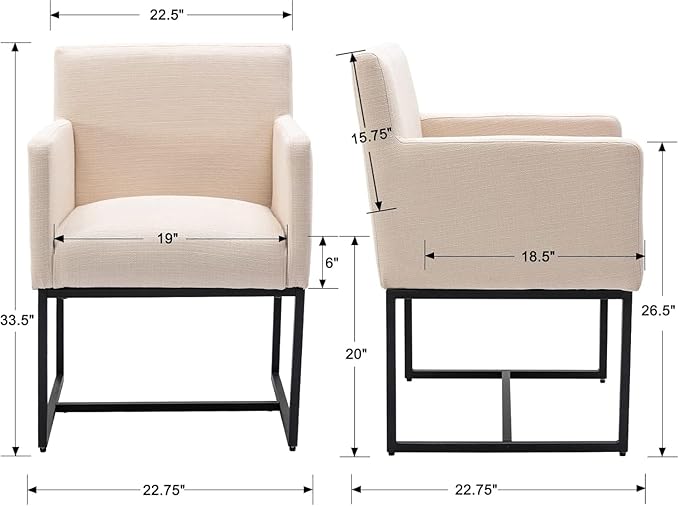 Linen Upholstered Dining Chairs with Arms Set of 6 Mid Century Modern Accent Chairs Armchairs with Black Metal Frame, Modern Kitchen & Dining Room Chairs, Cream