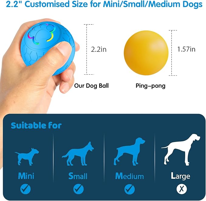 Interactive Dog Ball - 2.2" Durable Motion Activated Pet Bounce Ball for Puppy/Small/Medium Dogs, USB Rechargeable