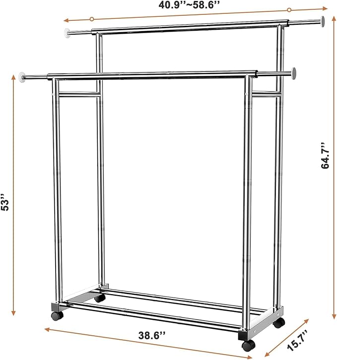 Clothes Rack for Hanging Clothes, Stainless Steels Coat Rack with Wheels, Clothing Rack, Garment Rack, Portable Closet, Portable Closet, Adjustable Length