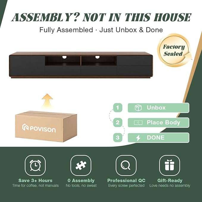 Modern Solid Wood TV Stand, Lowline Media Console with 4 Drawers, Open Storage Cabinet, Walnut Veneer, Fully-Assembled, 78"