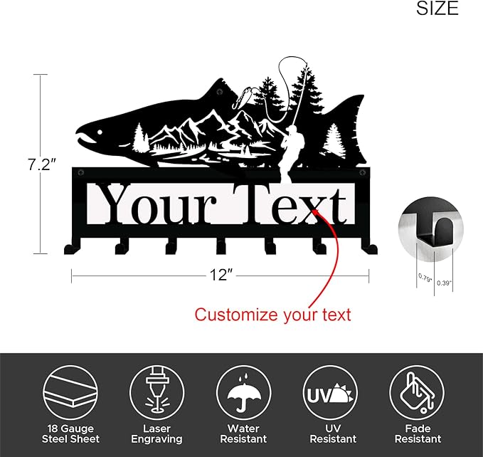 NIWAHO Salmon Fish Key Holder with Personalized Name - Custom Metal Wall Mounted Hook Rack for Entryway, Kitchen, Rustic Cabin Decor