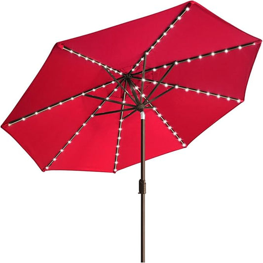 EliteShade USA 10-Year-Non-Fading Solar 9ft Market Umbrella with 80 LED Lights Patio Umbrellas Outdoor Table Umbrella with Ventilation, Logo Red