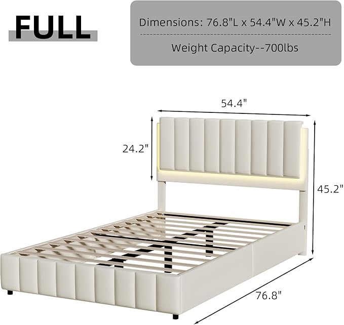 Full Size Bed Frame with LED Lights, Faux Leather Upholstered Platform Bed with Headboard and Wooden Slats Support, No Box Spring Needed, Noise-Free, Easy Assembly, Cream