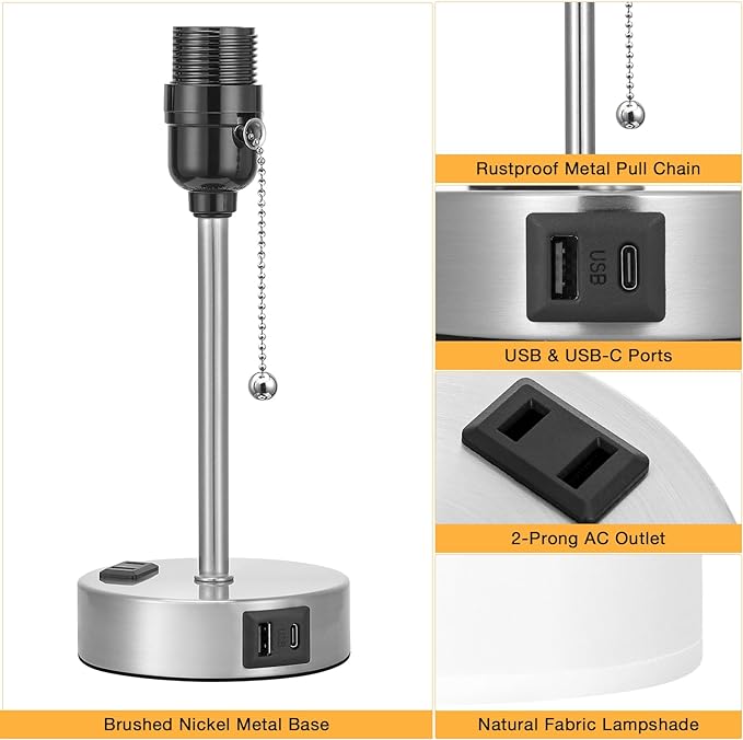 White Bedside Lamp for Bedroom - 3 Color Temperatures Desk Lamp with USB C and A Ports, Pull Chain Table Lamp with AC Outlet, Nightstand Lamp with Silver Metal Base for Kids Girls