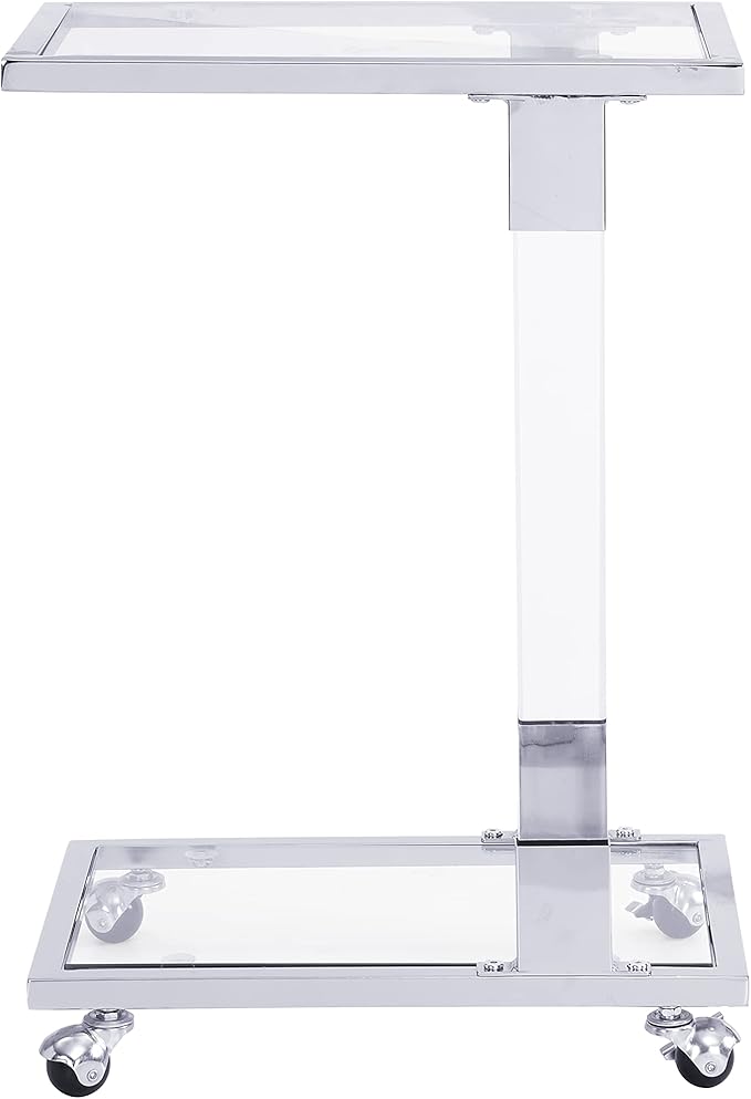 Goujxcy Clear Sofa Side Table C Shaped End Table with Wheels, Rolling Acrylic Bedside Laptop Snack Table TV Tray, Mobile Breakfast Tray Table with Tempered Glass Shelves and Clear Acrylic Frame