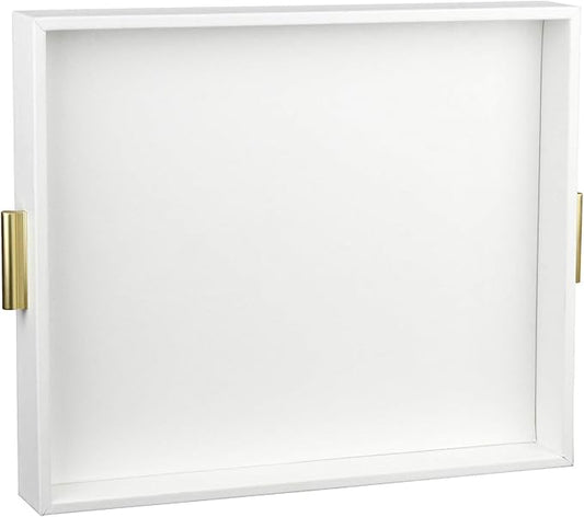 HofferRuffer Extra Large Serving Tray with Handles, Elegant Faux Leather Storage Decorative Tray for Coffee Table, Ottoman, Console Table (White Tray+Golden Handle)