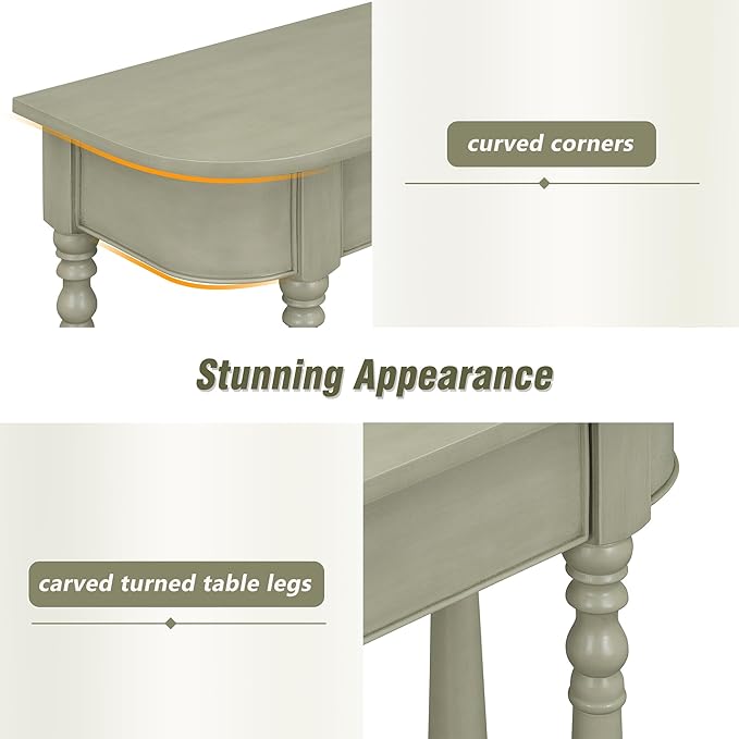 HMFULE Retro Curved Console Table, 36" Solid Wood Half Moon Console Table Sofa Table Entryway Table with 1 Drawer 1 Open Shelf Roman Legs Curved Corners for Living Room,Entryway,Hallway,Gray