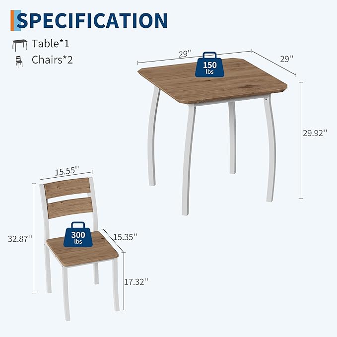 GAOMON Dining Table Set for 2, 3 Piece Small Kitchen Table and 2 Chairs with Metal Frame & Wood Grain Tabletop, Space-Saving for Small Space, Apartment, Kitchen, Dining Room, White/Natural