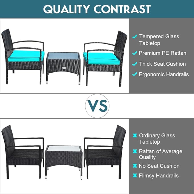 COSTWAY 3 PCS Patio Wicker Conversation Set, PE Rattan Sofa with Tempered Glass Coffee Table, 2 Chairs, 2 Cushions, Outdoor Patio Furniture Set for Yard Porch Bistro Balcony Backyard Pool, Turquoise