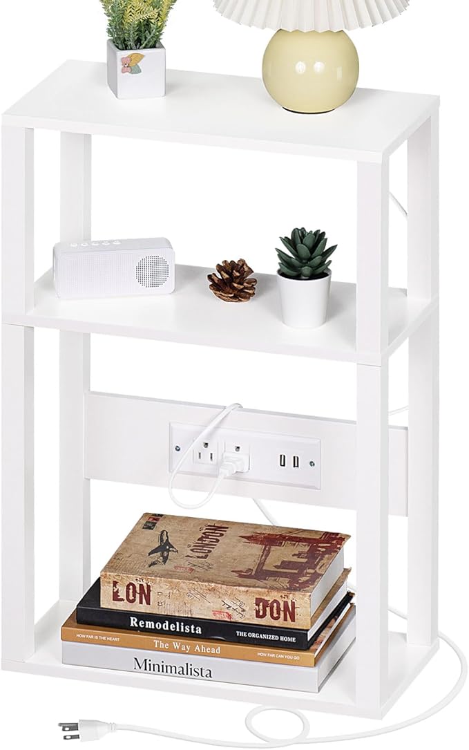 3-Tier Small Narrow Wood Side Table Set of 2 with Charging Station - Skinny Nightstand for Small Spaces, Slim Bedside Table with USB Ports and Outlets - Thin End Table with Storage, White