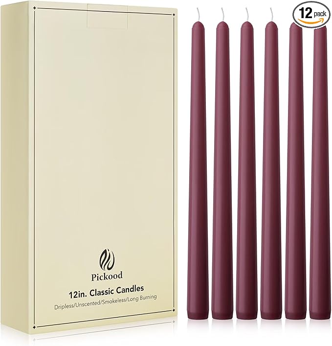 New Burning Formula Unscented Dripless 12-Inch Taper Candles Set of 12 - Burgundy, for Wedding, Dinner - Smokeless, Long Burning - Hand Poured, Colored Tall Candlesticks - Burdeos