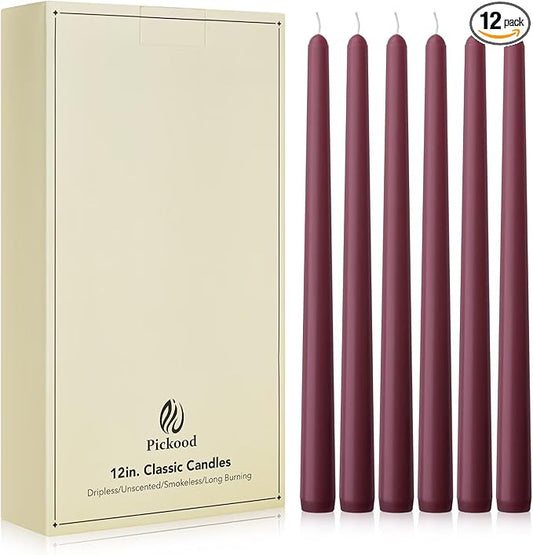 New Burning Formula Unscented Dripless 12-Inch Taper Candles Set of 12 - Burgundy, for Wedding, Dinner - Smokeless, Long Burning - Hand Poured, Colored Tall Candlesticks - Burdeos