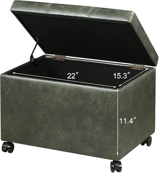 Joveco 24" Faux Suede Storage Ottoman Bench with Wheels, Rectangle Foot Rest Stool for Living Room, Bedroom, Entryway, Moss Green