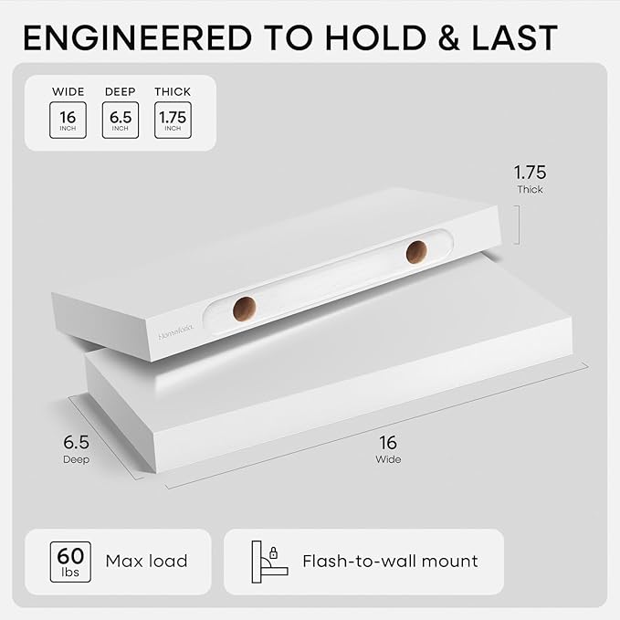 Homeforia White Floating Shelves 16 inch, High End Solid Real Wood 16inch Bathroom Floating Shelf for Wall Mounted, White Wooden 16 Floating Shelves, Heavy Duty Bracket, 16 X 6.5 X 1.75 inch, Set of 2