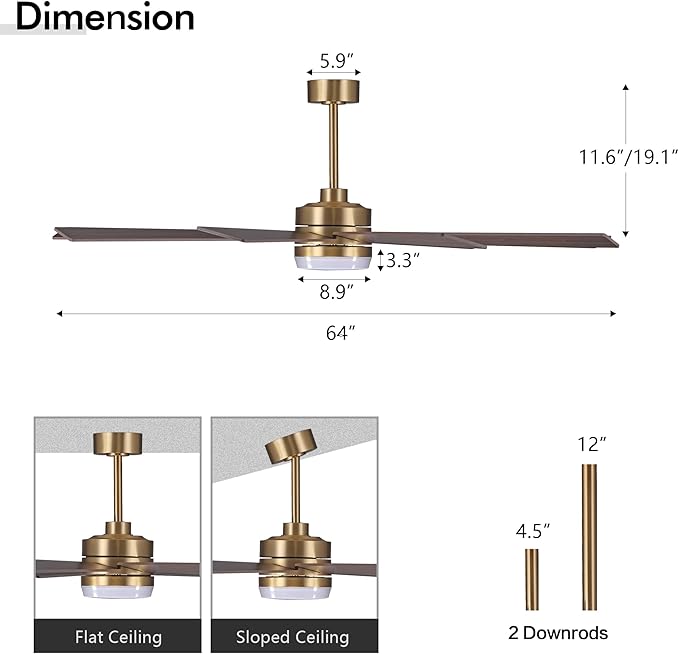 64" Ceiling Fan with Light, 6-Speed Remote Control, Reversible DC Motor, Modern 9 Blades with 4.5"/12" Downrods for Home or Commercial Gold/Walnut