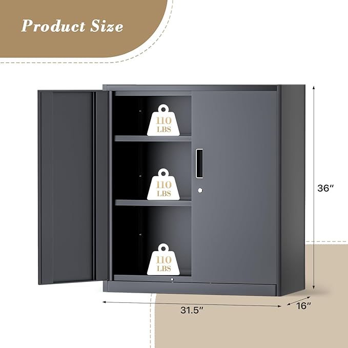 Athena Collection Metal Storage Cabinet with Doors and Shelves, 36" Garage Storage Cabinet with Lock for File, Home, Office, School, Garage, Grey