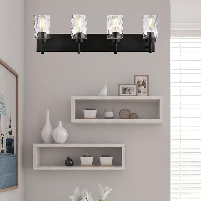 BONLICHT 4 Light Wall Vanity Bathroom Lights with Clear Hammered Glass in Black Finish,Modern Farmhouse Sconces Wall Lighting Fixtures Over Bath Makeup Mirror Industrial Wall lamp for Kitchen Hallway