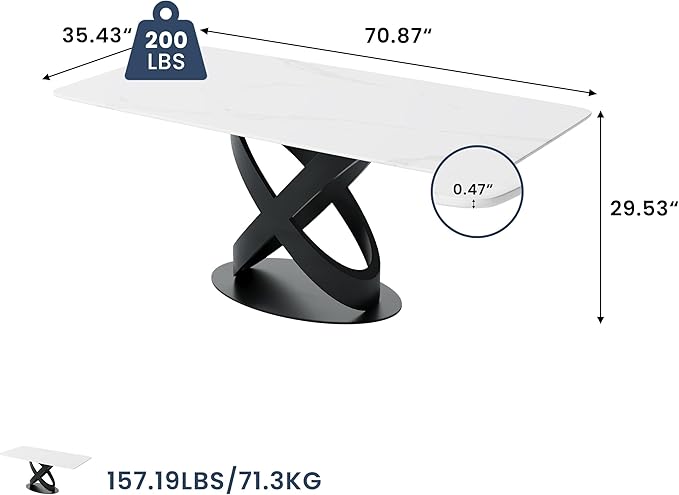 POVISON 71" Modern Dining Table for 4-6 People, Matte White Sintered Stone Table Top with X-Shape Carbon Steel Pedestal, Large Rectangular Table for Kitchen Living Room