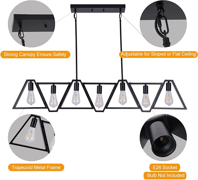 Dining Room Light Fixture, Kitchen Island Lighting with Adjustable Rods, Modern Chandelier Pendant Lamp Over Table (Black, 7 Light)