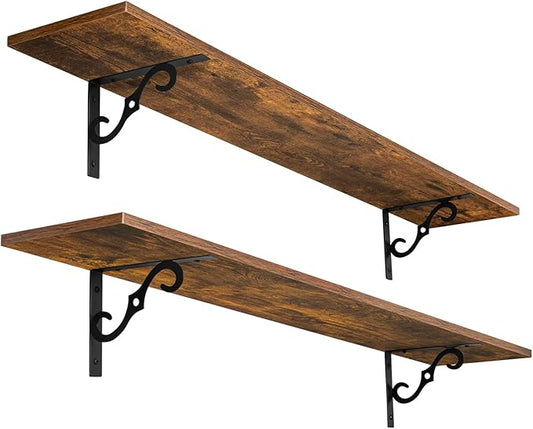 DINZI LVJ Long Wall Shelves, 47.3" Large Floating Shelves Set of 2, Farmhouse Display Shelf Wall Mounted with Heavy Duty Brackets, Easy Assembly for Kitchen, Bathroom, Bedroom, Balcony, Rustic Brown