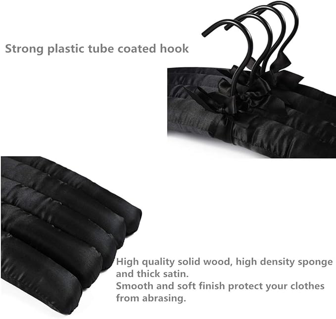 Black Satin Padded Sweater Hangers 5 Pack, Blouse Hanger with Thick & Soft Foam for Bridal Wedding Dress Lingerie, Smooth Silk Covered Shirt Hanger Without Shoulder Bump