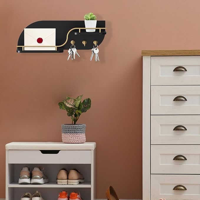 Key Holder for Wall, Decorative Key and Mail Organizer with 3 Metal Hooks and 2 Shelves, Wood Wall Mounted Key Rack for Entryway, Black