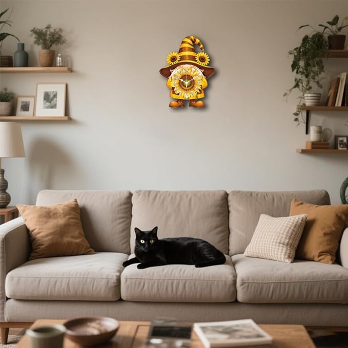 CHGCRAFT Sunflower Gnome Pattern Wall Clock 16.1 Inch Wood Grain Non-Ticking Irregular Shape Clocks Wall Hanging Clock Battery Operated for Bedroom Living Room Kitchen Office