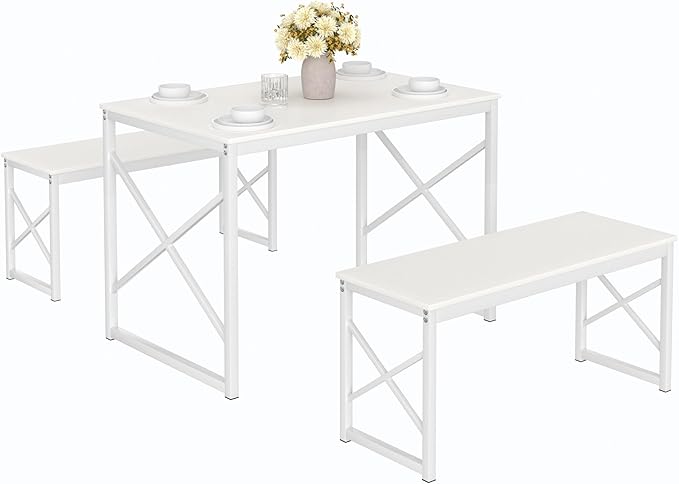 VECELO Kitchen Dining Table Benches Set for 4, 43.3" Wooden Dinette with 2 Benches, Heavy-Duty Dining Room Table for Small Space, Breakfast Nook, White