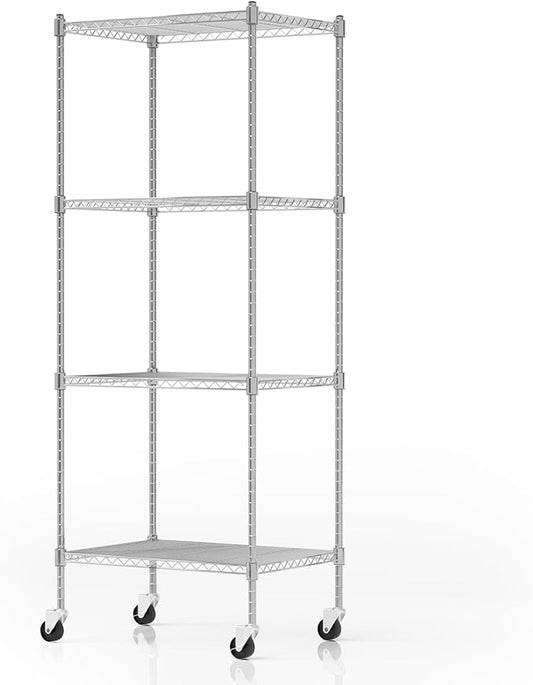 Garage Shelving with Wheels, 4 Tier Shelving Unit and Adjustable Feet, 865 lb High Capacity Rolling Storage Shelf for Kitchen, Office, Dining Room, Garage, Chrome