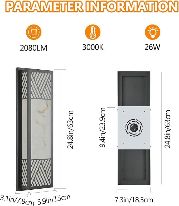 LED 26W Outdoor Wall Sconce,24.8in Black Modern Exterior Light Fixture with Resin Shade,IP65 Waterproof Porch Lighting Brightens to Garage,Front Door,Patio