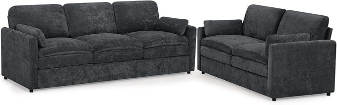 2 Pieces Chenille Sofa Set w/Throw Pillows, Upholstered Loveseat & 3 Seater Sofa w/Comfortable Back Cushions, Modern 2-Seat & 3-Seat w/High-Density Foam for Living Room, Apartment, Grey