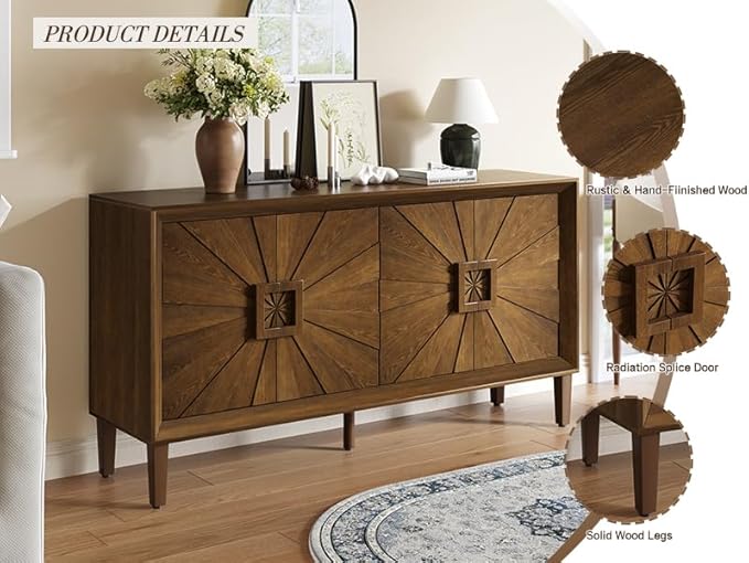 60'' Rustic Large Sideboard with 4 Doors and Adjustable Shelves, Heavy-Duty Antique Wood Entryway Console Table TV Stand for Living Room Dining Room (Antique Brown-10.2)