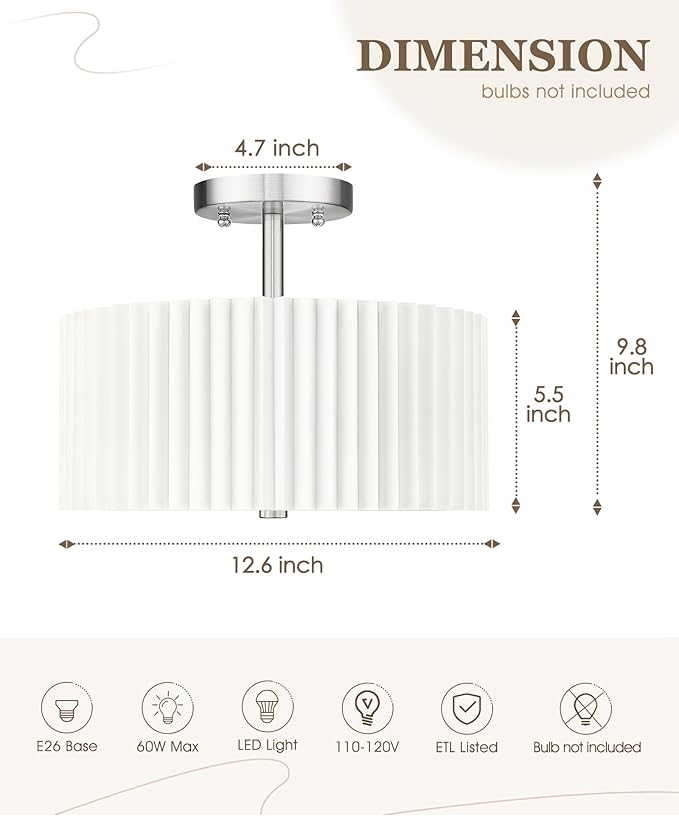 Semi Flush Mount Ceiling Light, 3-Light 12.5" Ceiling Light Fixture with White Pleated Fabric Shade, Brushed Nickel Drum Lamp for Nursery Hallway Bedroom Kitchen, AD-25036-3SF-SN