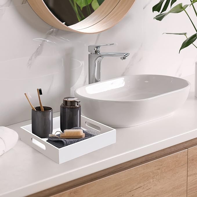 Home Decorative Coffee Table Tray, 10"x10" Elegant Acrylic Serving Trays with Handles Works for Eating, Breakfast, Makeup Drawer Organizer,Bathroom Vanity Table,Ottoman Tray, White