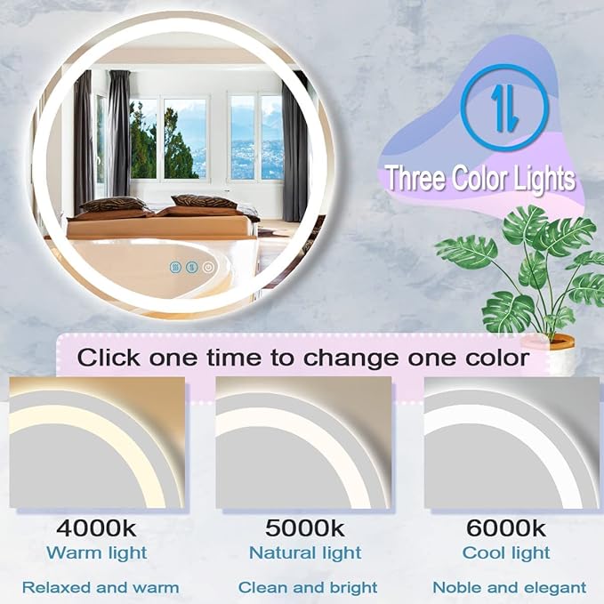 36 Inch Round Bathroom Vanity Mirror with Lights Round Light up Mirror for Bathroom Wall 36 Inch Large Round Mirror Dimmable Anti-Fog Memory 3 Colors Light Bathroom Smart Circle LED Mirrors