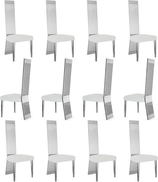 Dining Chairs Set of 12, Boucle Upholstered Modern Dining Chair, Elegant White and Silver Dining Room Chair with Polished Silver Stainless Steel Legs and Backrest for Kitchen Restaurant