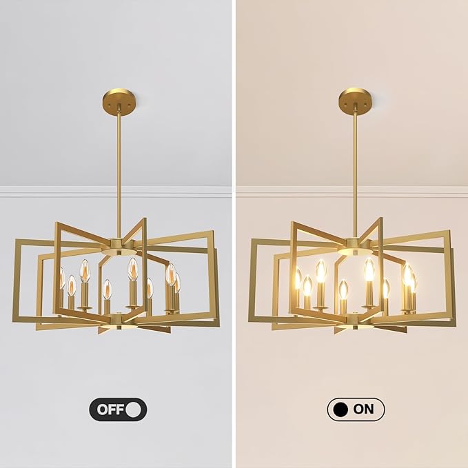 Modern Gold Chandelier, 8-Light Geometric Dining Room Light Fixture, Industrial Pendant Lights Kitchen Island, Hanging Metal Farmhouse Chandeliers for Dining Room Entryway Foyer Bedroom Kitchen ﻿