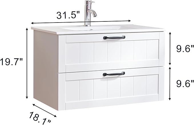 Goujxcy 31.5" Wall Mounted Bathroom Vanity with Sink, Modern Floating Bathroom Cabinet with Ceramic Sink & Double Drawers, Wood Hanging Bath Room Cabinet with Soft-Close System (White)