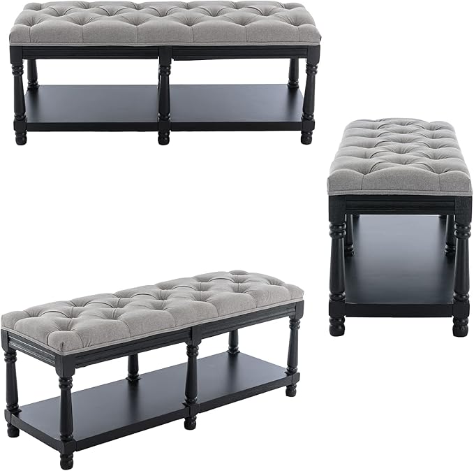 DUOMAY Mid-Century Tufted Storage Bench with Shelf, Linen Upholstered Farmhouse Entryway Shoe Bench Ottoman Bed End Stool for Bedroom Living Room Dining Room, Black Wood Frame, Grey