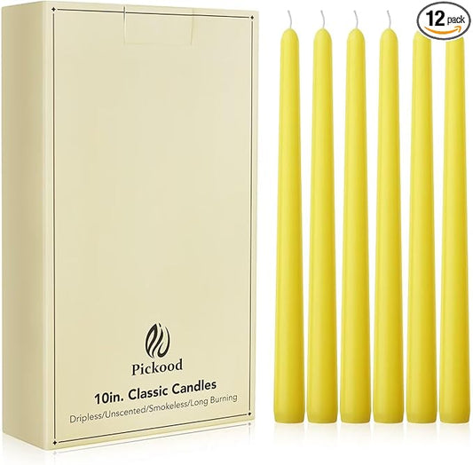 New Burning Formula Unscented Dripless 10-Inch Taper Candles Set of 12 - Yellow, for Wedding, Dinner - Smokeless, Long Burning - Hand Poured, Colored Tall Candlesticks - Amarillo
