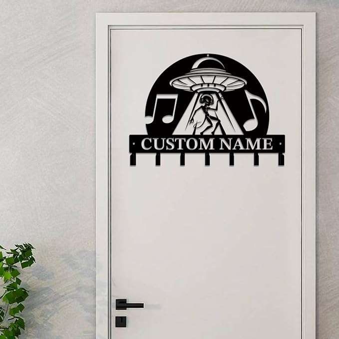 Personalized Custom Alien ET UFO Metal Wall Keys Hooks,Clothes Hooks Alien ET UFO Art Coat Racks,Door Holder,Black Alien ET Decorations for Home,Entrance Doors,Hallway, Bedroom,Keys,Hats (Style L)