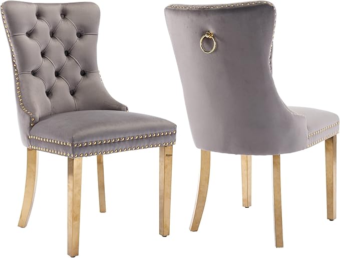 Luxury Upholstered Dining Chairs Set of 2, Grey Kitchen Chair with Golden Metal Legs, Velvet Tufted Back Dining Chair, Sillas de Comedor, Modern Kitchen & Dining Room Chairs (Gray, 2 Pcs)