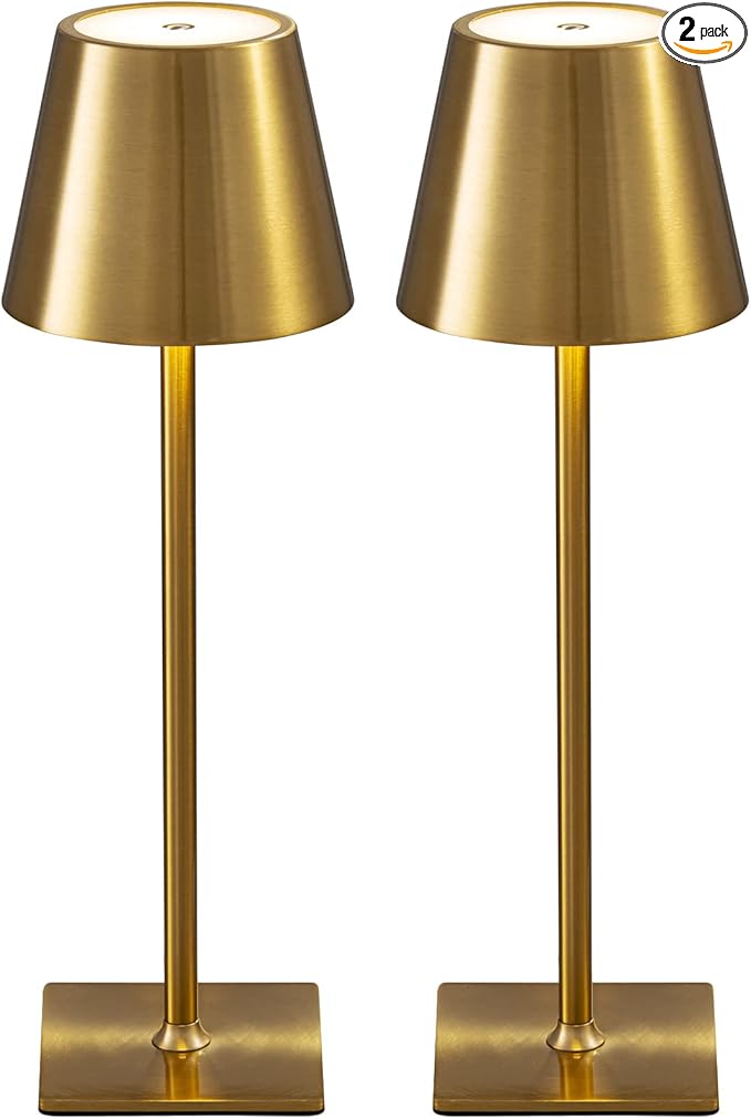 KDG 2 Pack Cordless Table Lamp,Portable LED Desk Lamp, 4000mAh Battery Operated, 3 Color Stepless Dimming Up, for Restaurant/Bedroom/Bars/Outdoor Party/Camping/Coffee Shop Night Light(Gold)